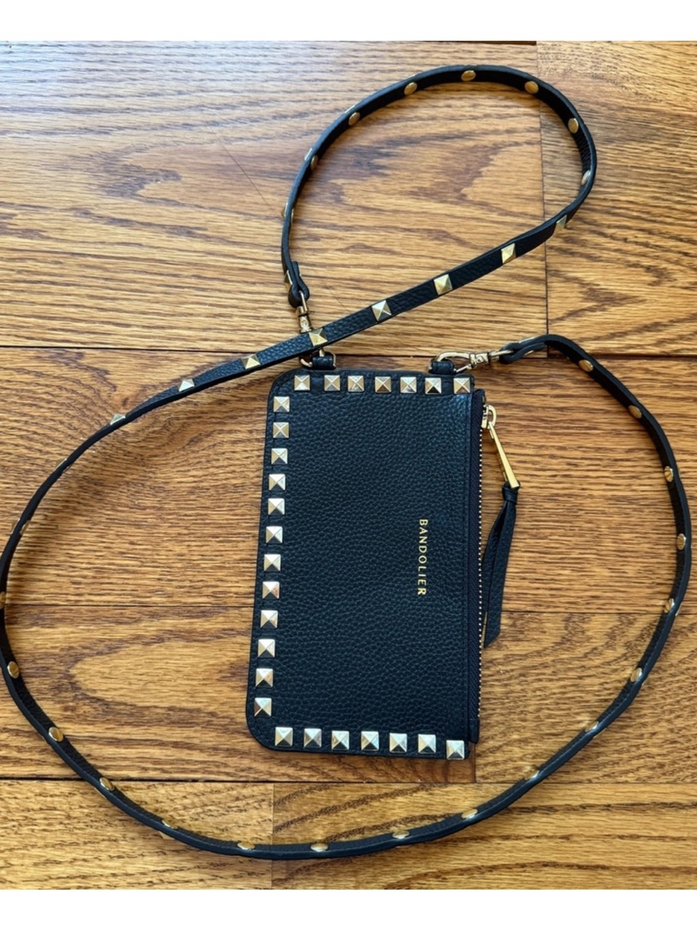 Bandolier Black Leather Studded Crossbody Card Holder with Gold Accents